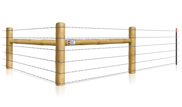 Barbed wire T-post fence with H-brace for farms in the Colorado area.