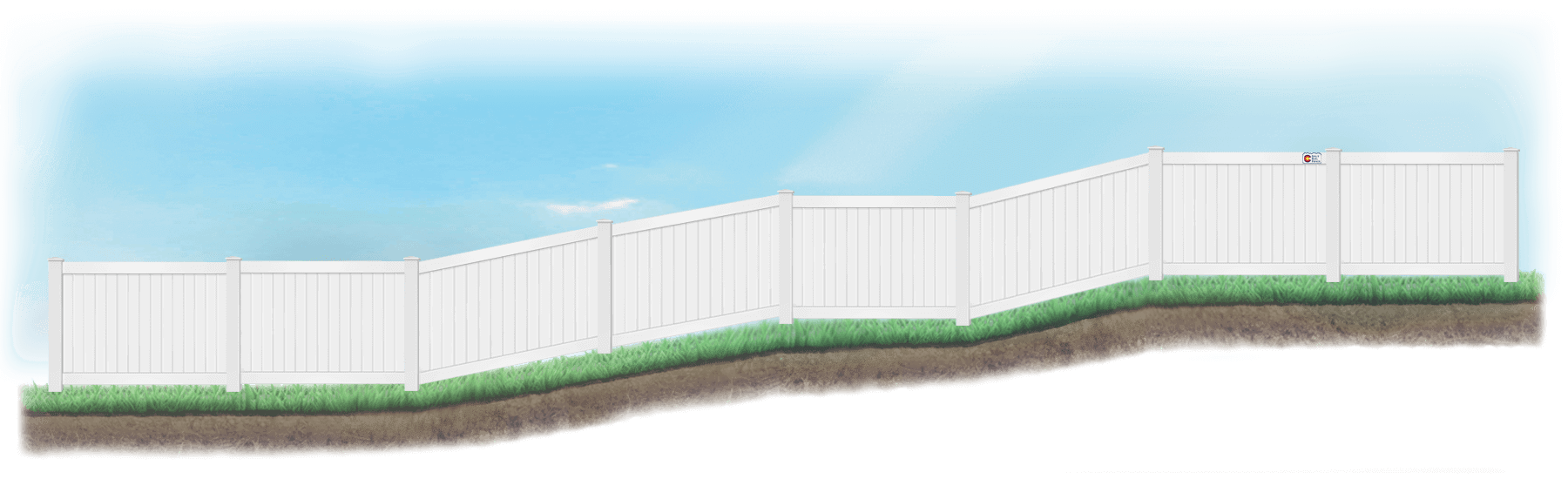 Racked Vinyl fence on uneven ground